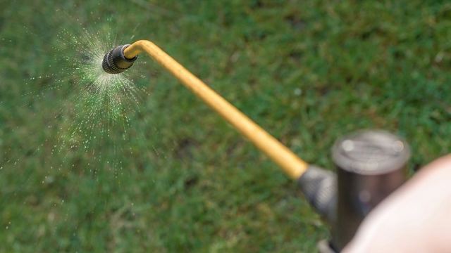 Técnico con mochila pulverizadora aplicando tratamiento en el perímetro de un jardín durante un tratamiento contra moscas y mosquitos en León Técnico con mochila pulverizadora aplicando tratamiento en el perímetro de un jardín durante un tratamiento contra moscas y mosquitos en León