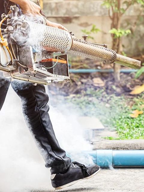 Técnico aplicando nebulización con máquina de humo en una zona exterior durante un tratamiento contra polillas en León