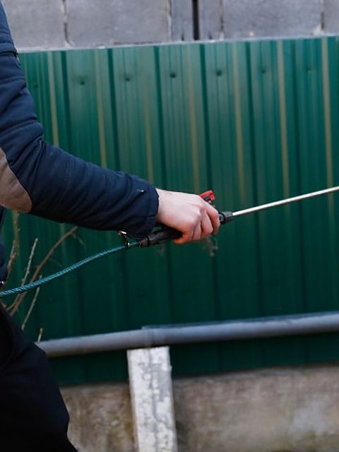 Técnico con mochila pulverizadora aplicando tratamiento en el perímetro de un jardín durante un tratamiento contra pulgas y garrapatas en León Técnico con mochila pulverizadora aplicando tratamiento en el perímetro de un jardín durante un tratamiento contra pulgas y garrapatas en León